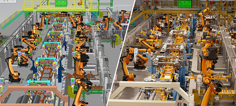 Siemens Process Simulate (left) connects to NVIDIA Omniverse (right) to enable a full-design-fidelity, photorealistic, real-time digital twin.